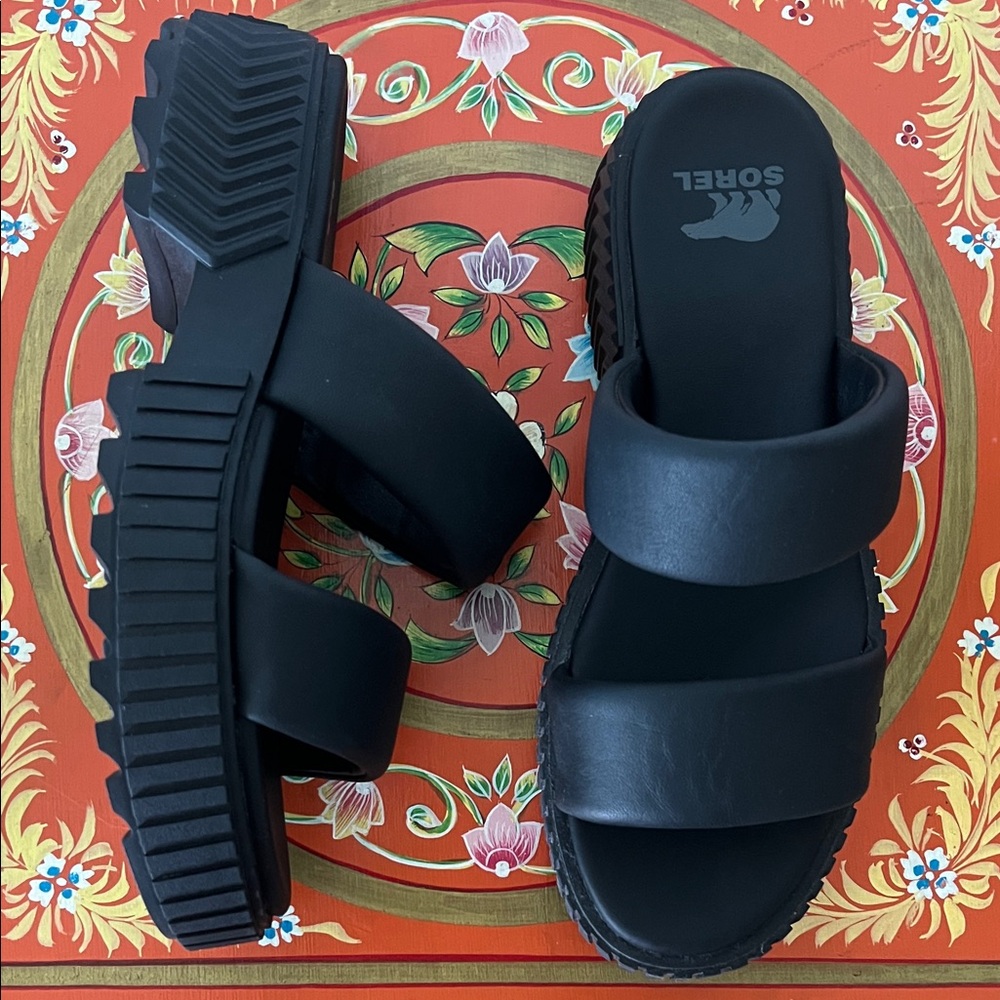 Sorel ONA Streetworks Black Platform Slide Mid Slip On Sandals